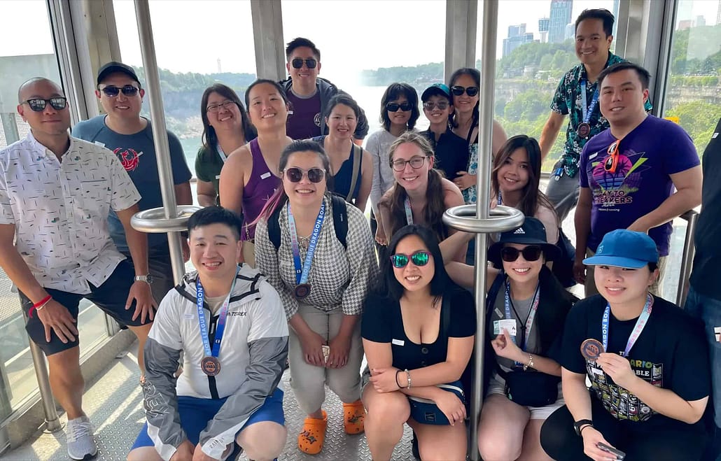 Niagara Falls tour group heading down to the Hornblower boat cruise in the funicular