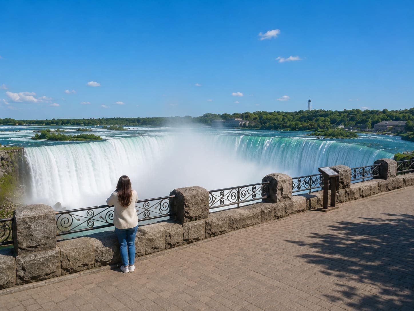 A visitor standing at Table Rock with Horseshoe Falls directly behind them and mist in the air, shot to emphasise the free, accessible nature of the viewing experience rather than any paid attraction infrastructure.
