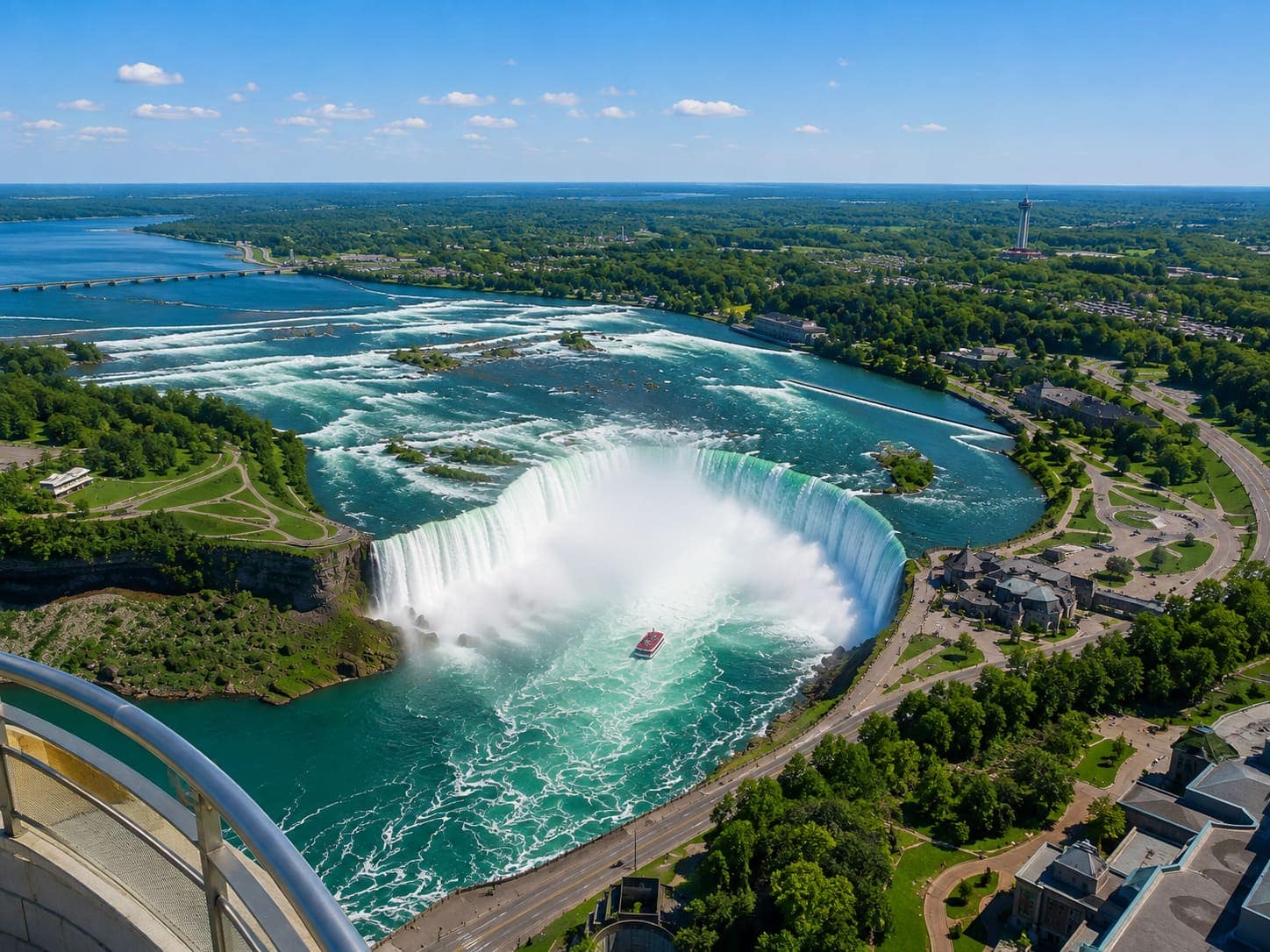 Aerial view of Horseshoe Falls and the Niagara River from the Skylon Tower outdoor observation deck on a clear day showing the full horseshoe shape of the Falls
