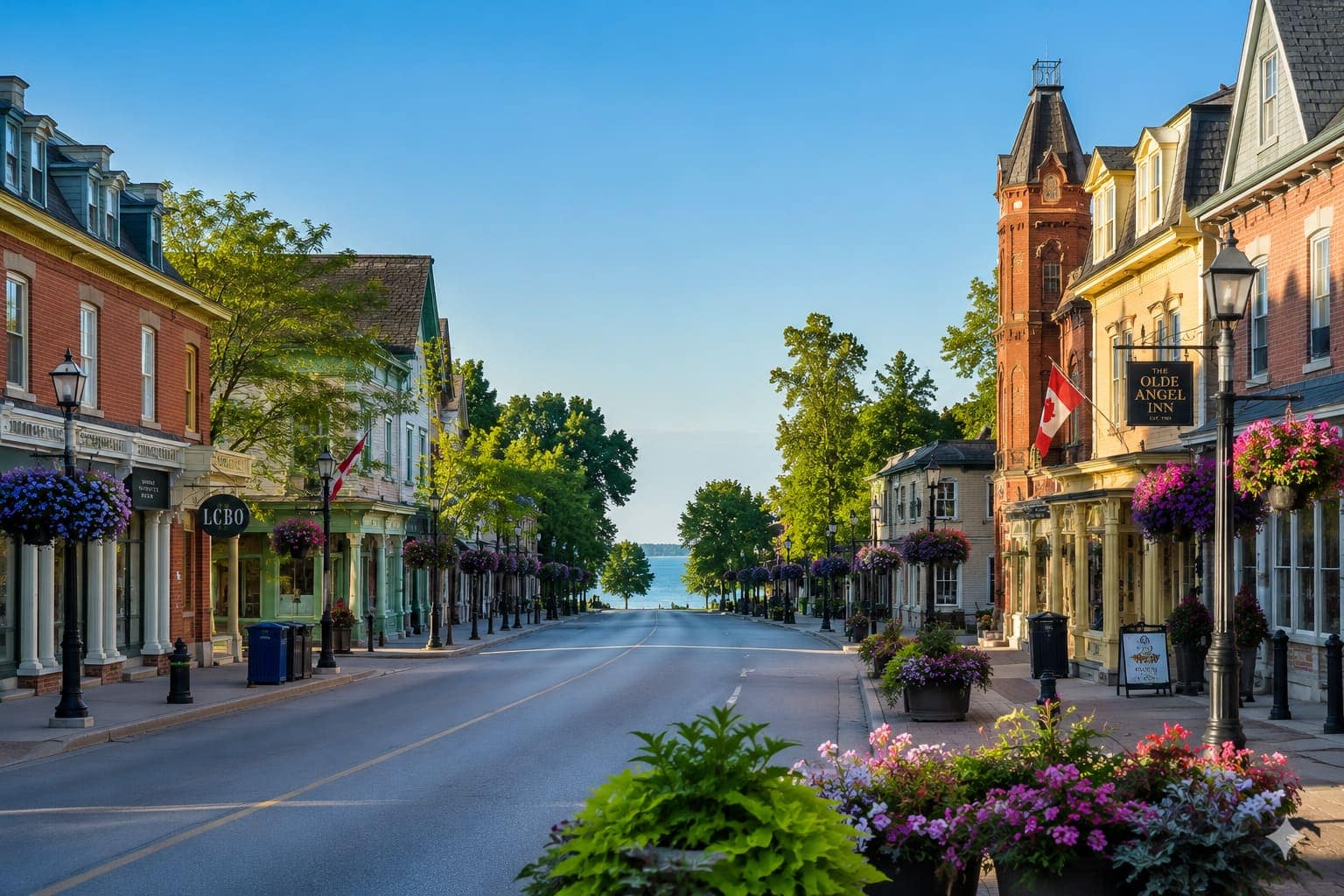 Queen Street in Niagara-on-the-Lake on a clear morning with heritage storefronts and flowering planters lining both sides of the street