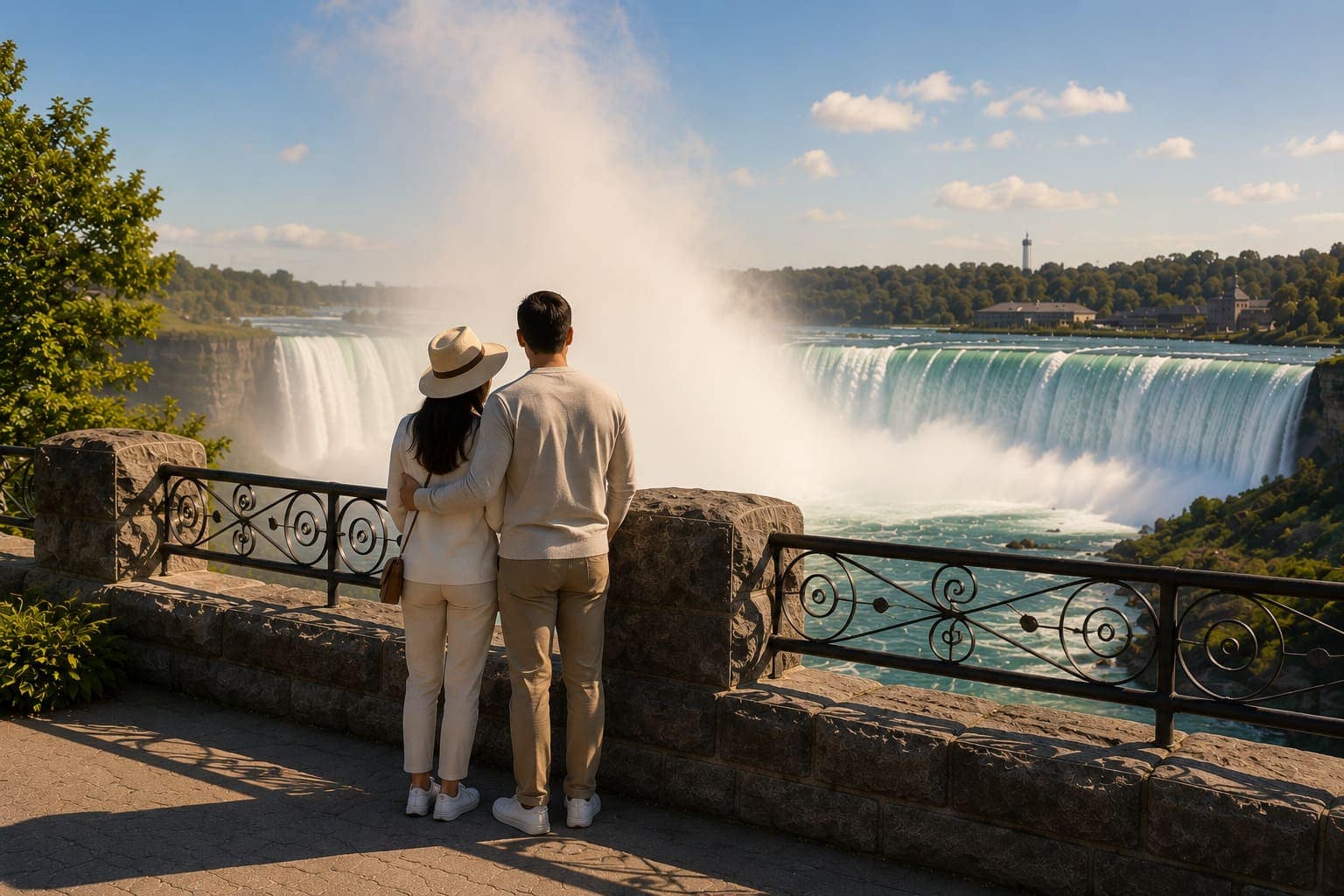 Couple in comfortable layers standing at Table Rock with Horseshoe Falls and mist visible behind them