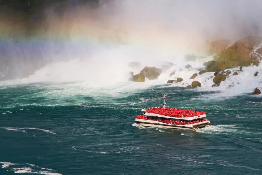 Niagara Falls with Kids: The Complete Family Guide to What's Worth It and What Isn't 1 Niagara City Cruises boat approaching Horseshoe Falls with families in yellow ponchos on deck